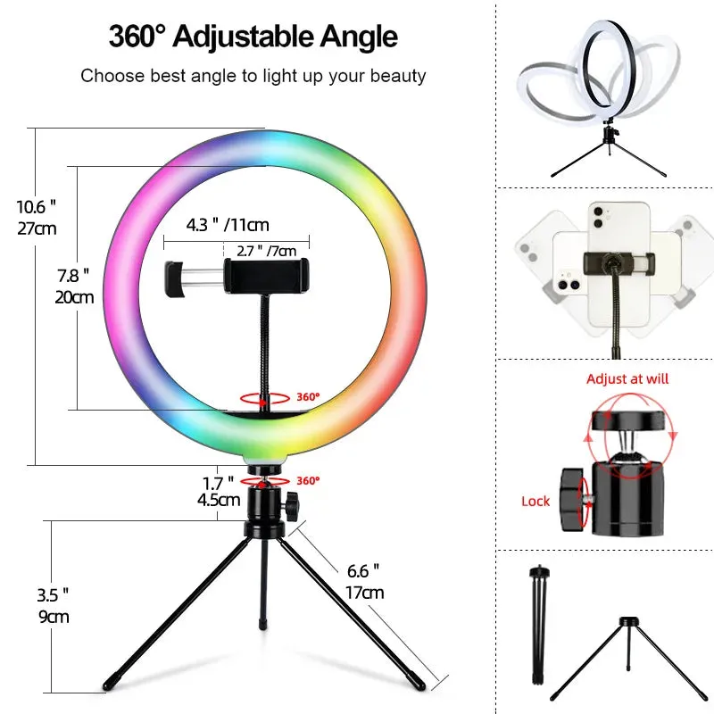 10" RGB LED RingLight Tripod RGB 33 Colors Video Dimmable Ring Fill Light with Tripod Stand for Makeup TikTok Youtube Vlog Live