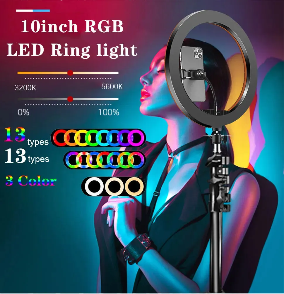 10" RGB LED RingLight Tripod RGB 33 Colors Video Dimmable Ring Fill Light with Tripod Stand for Makeup TikTok Youtube Vlog Live