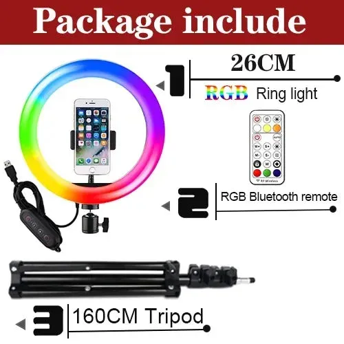 10" RGB LED RingLight Tripod RGB 33 Colors Video Dimmable Ring Fill Light with Tripod Stand for Makeup TikTok Youtube Vlog Live