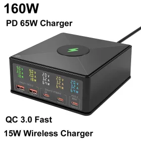 160W Universal Multi Wireless Charger Station QC3.0 USB Type C PD 65W