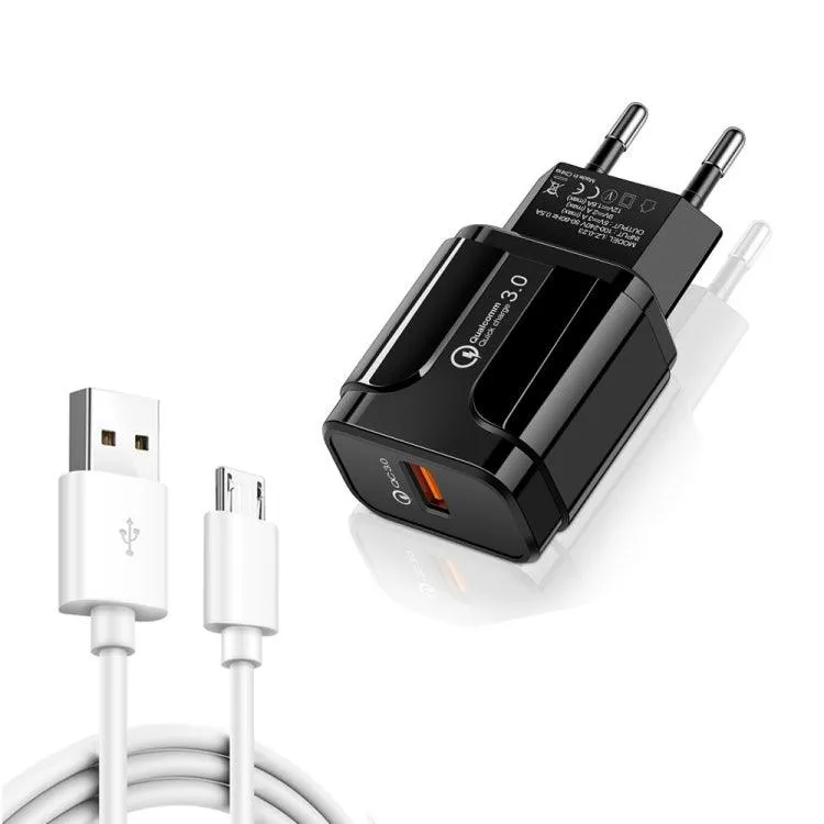 18W QC 3.0 USB Travel Charger with 3A Micro USB Data Cable - EU Plug