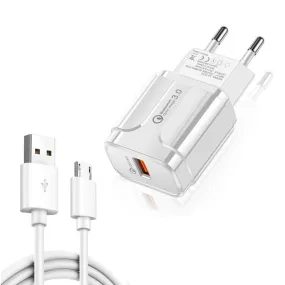 18W QC 3.0 USB Travel Charger with 3A Micro USB Data Cable - EU Plug