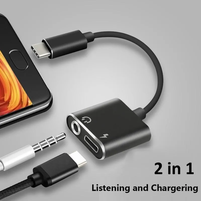 2-In-1 USB Type-C to 3.5mm Adapter and USB-C Charging Headphone Jack Aux Jack for Xiaomi Huawei Oneplus Samsung HTC