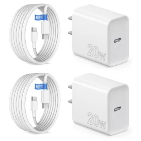 2-Pack 20W USB-C Fast Charger Adapter with 6ft Cable