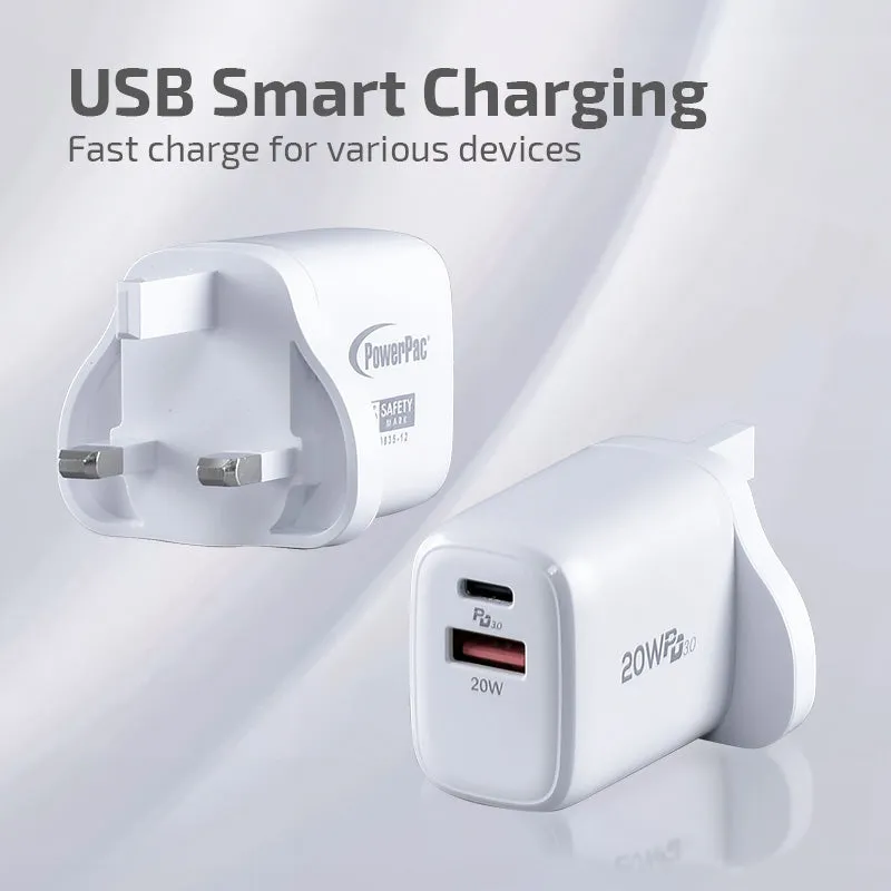 20W Charger Fast Charge QC3.0, PD 3.0 USB Smart Charger, TYPE A, TYPE C (PP7982) Black