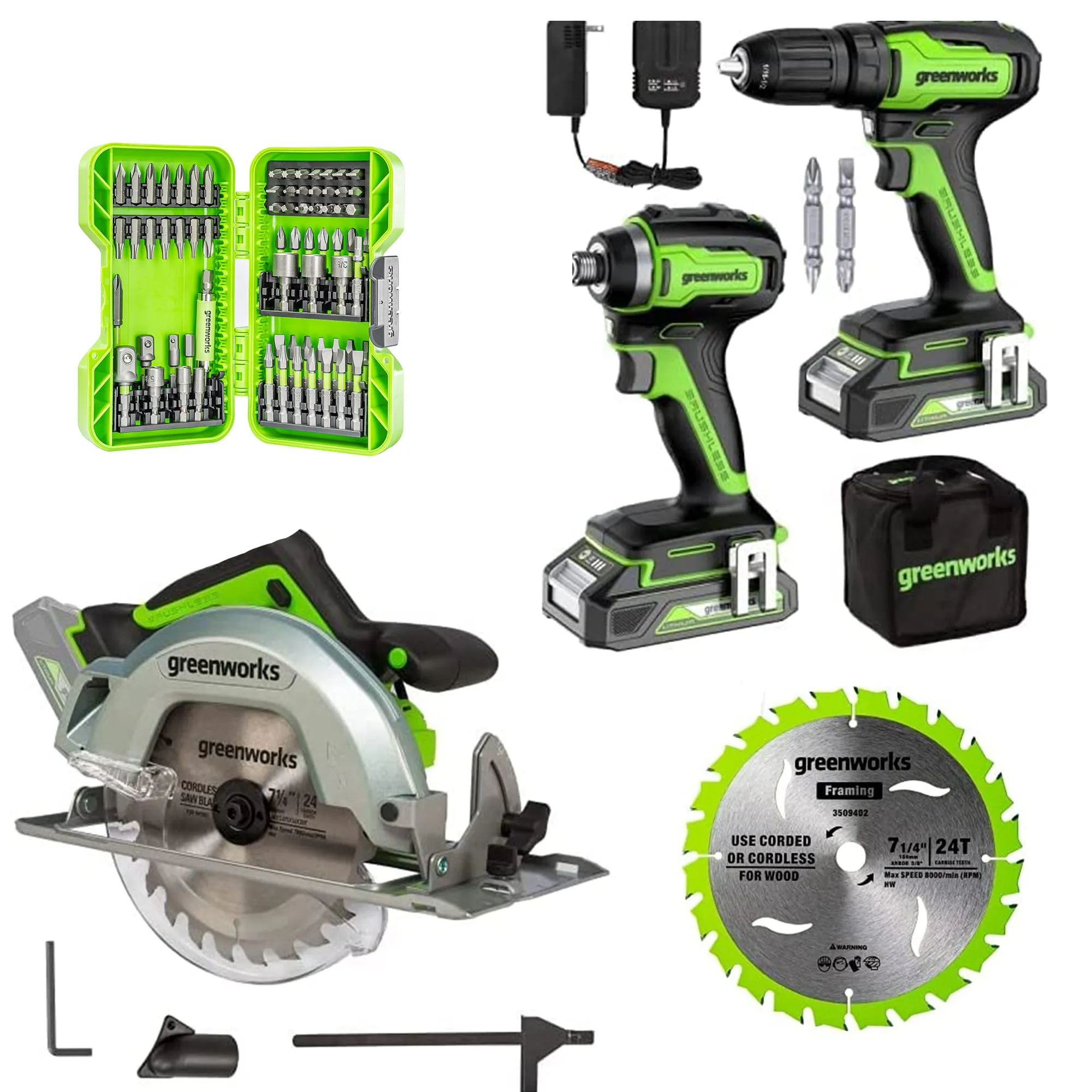 24V Cordless Battery Drill/Driver and Impact Driver and Circ. Saw and 70pc IR Bit Set   3pc Blades Combo Kit w/ Two (2) 2.0Ah Batteries and 4.0Ah Battery & Charger