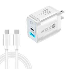 25W PD Fast Charger with Dual USB Ports & USB-C Cable - QC3.0 Compatible, US Plug