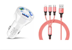 3 Port Fast LED White Car Charger   3 in 1 Cable Combo Pink