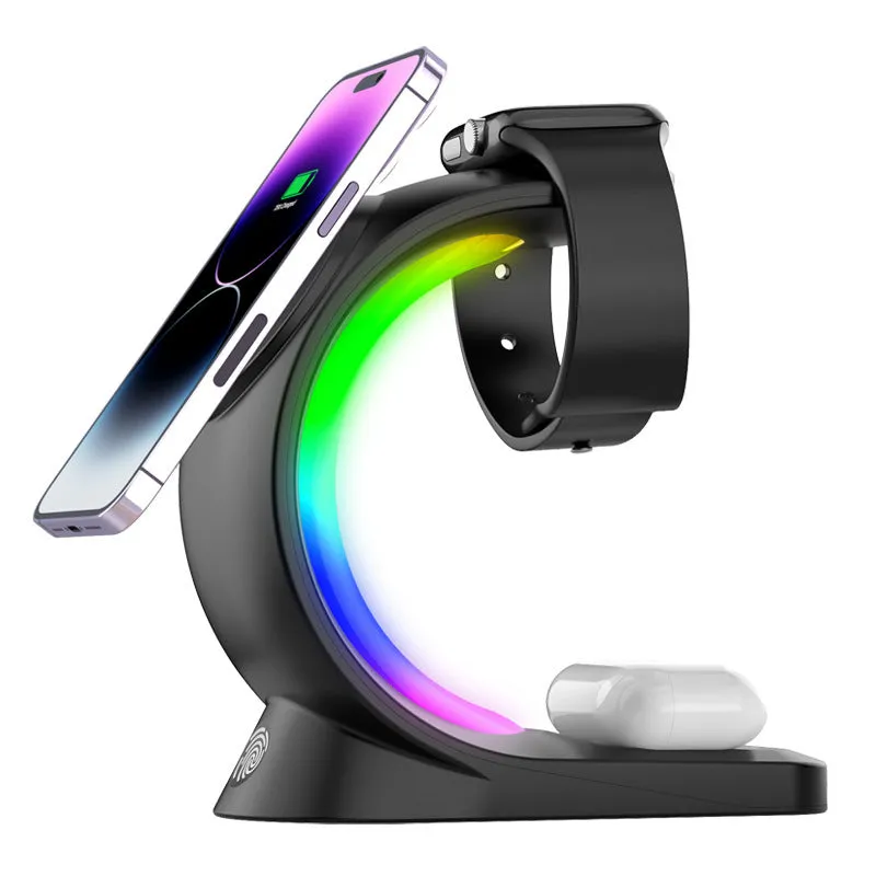 4 In 1 Magnetic Fast Charging Station For Smart Phone, AirPods, Watch,   LED Lighting