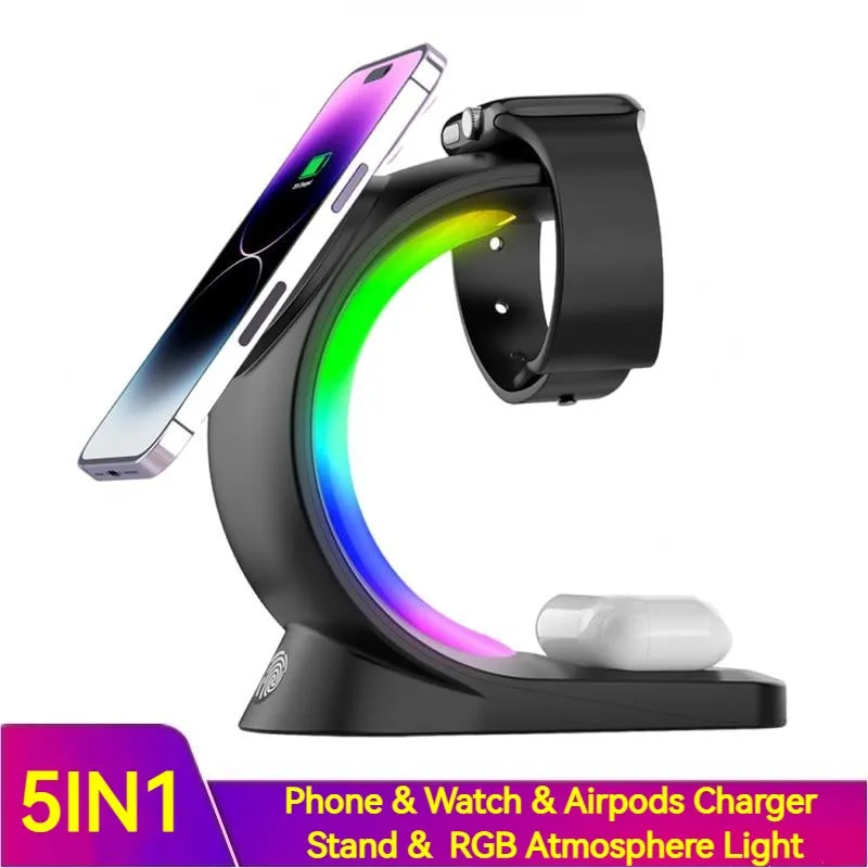 4 In 1 Magnetic Fast Charging Station For Smart Phone, AirPods, Watch,   LED Lighting