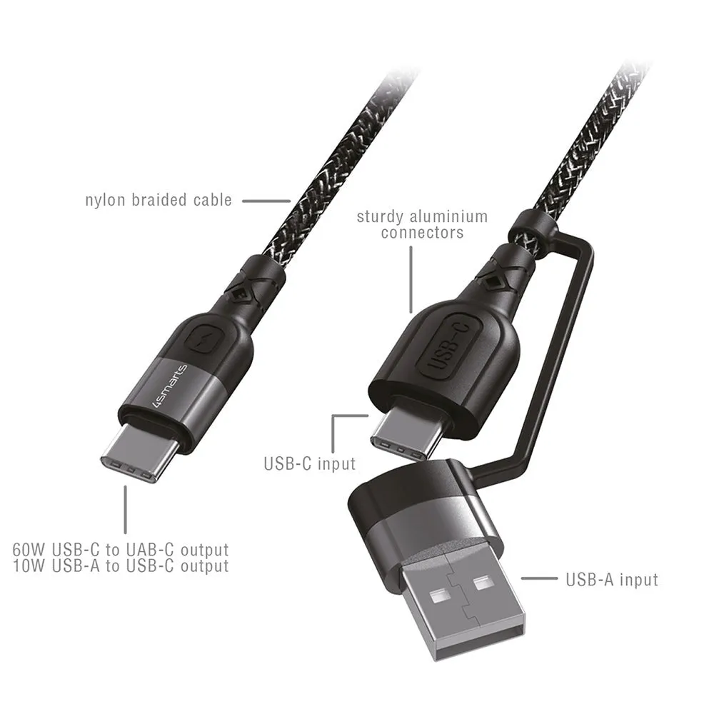 4Smarts ComboCord USB-C eller USB-A til USB-C Kabel PD 60W - 1,5m. - Sort