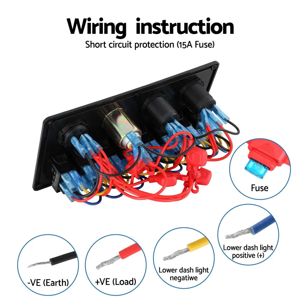 8 Gang 12V Blue LED Rocker Switch Panel with USB Charger - Giantz