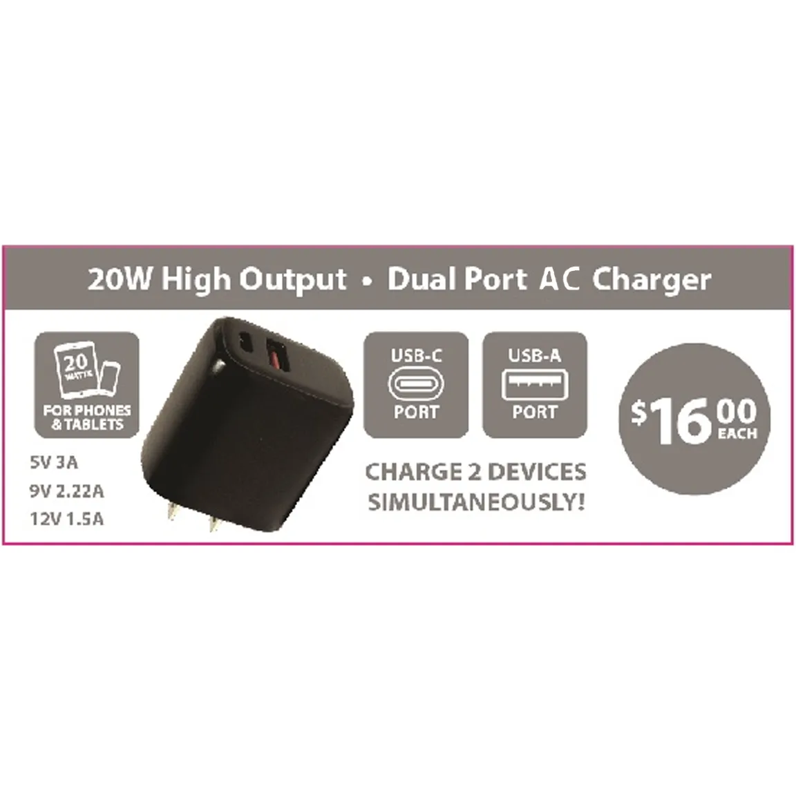 AC Wall Charger Dual Port USB / USB-C 20 Watts - 12 Pieces Per Pack 24675