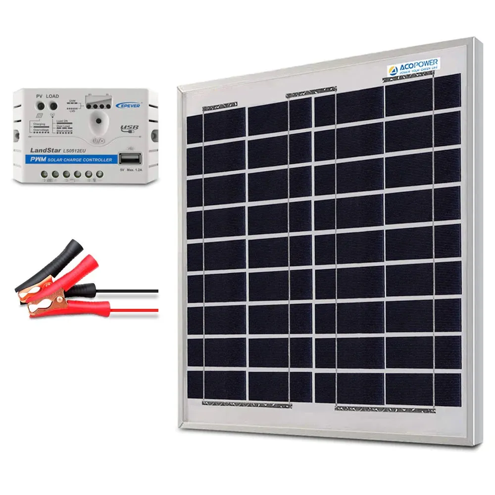 ACOPower 15W 12V Solar Charger Kit Including 5A Charge Controller with Alligator Clips