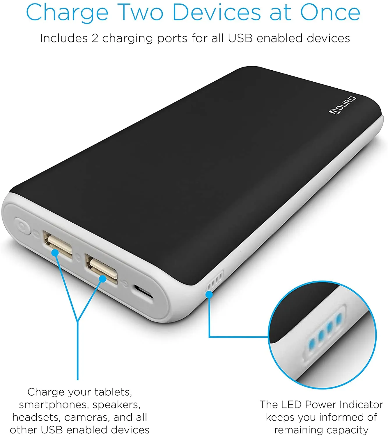 Aduro UltraBoost Power Bank 20,000mAh Dual USB Backup Battery