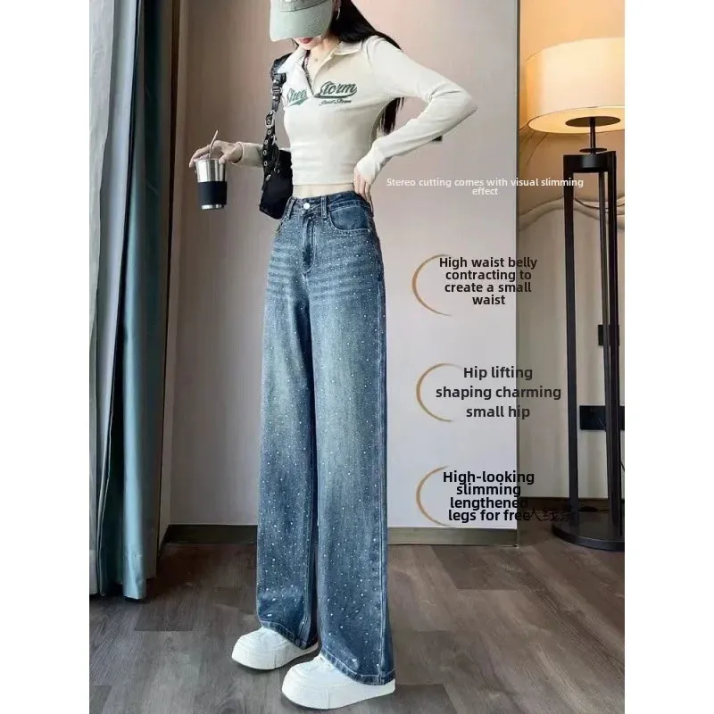 Amozae-2024 New Spring Summer Women's Jeans High-waisted Loose-fit Sensibility Straight-leg Dragged Trousers Narrow Wide-leg Design