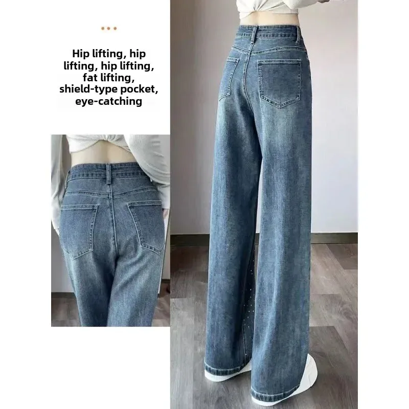 Amozae-2024 New Spring Summer Women's Jeans High-waisted Loose-fit Sensibility Straight-leg Dragged Trousers Narrow Wide-leg Design