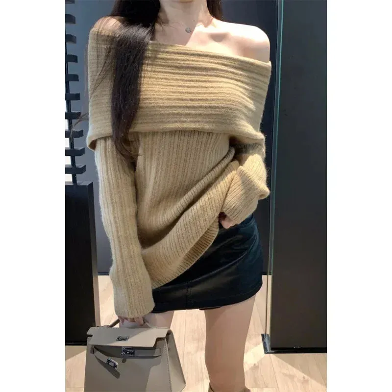 Amozae-Idle Style Off-Shoulder Knitted Sweater Women's Autumn/Winter Medium-Length Loose-Fit Versatile Outerwear Long Sleeve Top