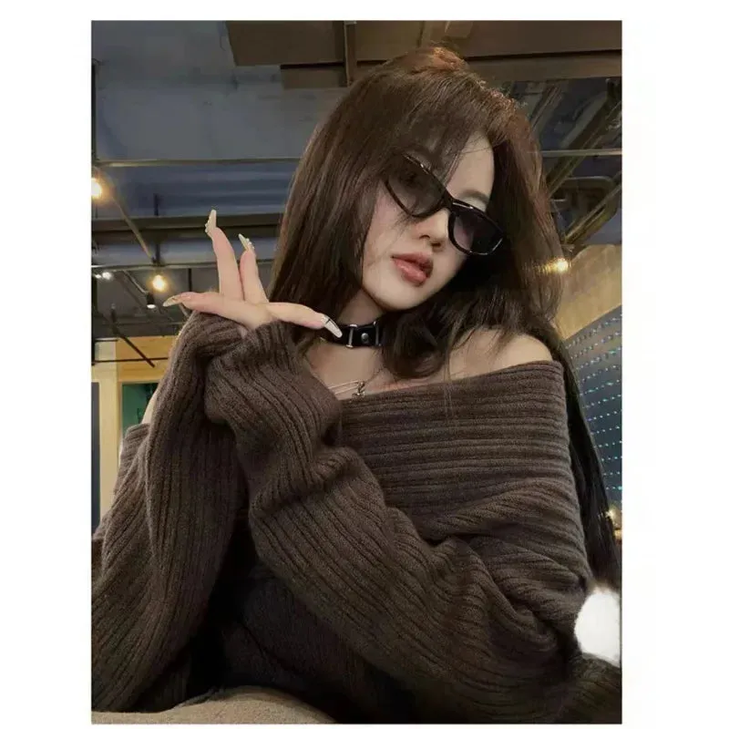 Amozae-Idle Style Off-Shoulder Knitted Sweater Women's Autumn/Winter Medium-Length Loose-Fit Versatile Outerwear Long Sleeve Top