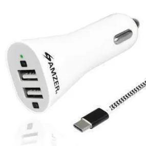 Amzer Dual USB Car Charger with Type C Braid Data Cable Black