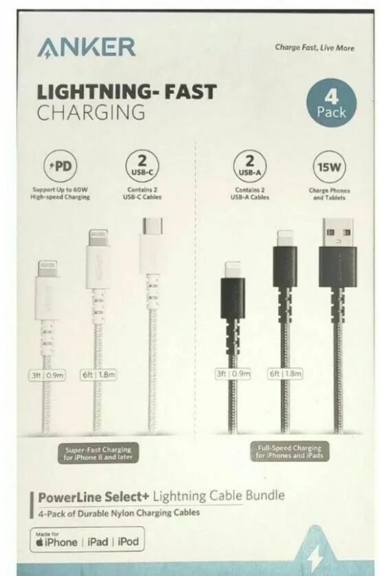 Anker PowerLine II USB-A to Lightning Cable 4-pack