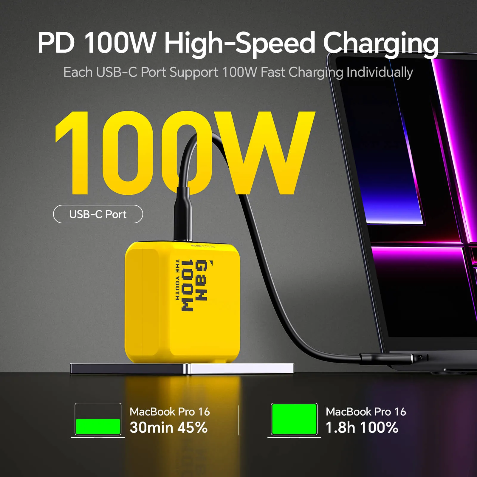 AOHI Magcube The Youth PD 100W GaN 3-Port Fast Charger with USB C to  Lightning Cable 4FT