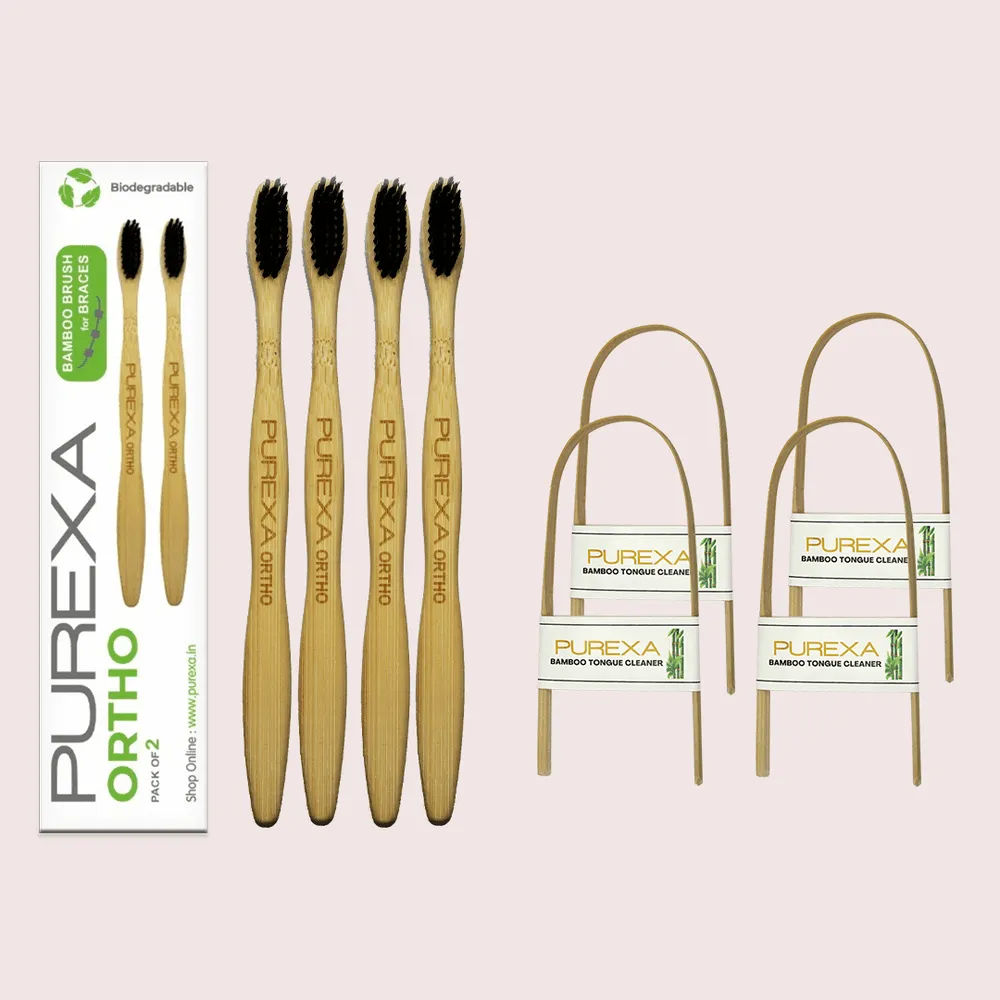 Bamboo Orthodontic Toothbrush and Tongue Scraper Combo