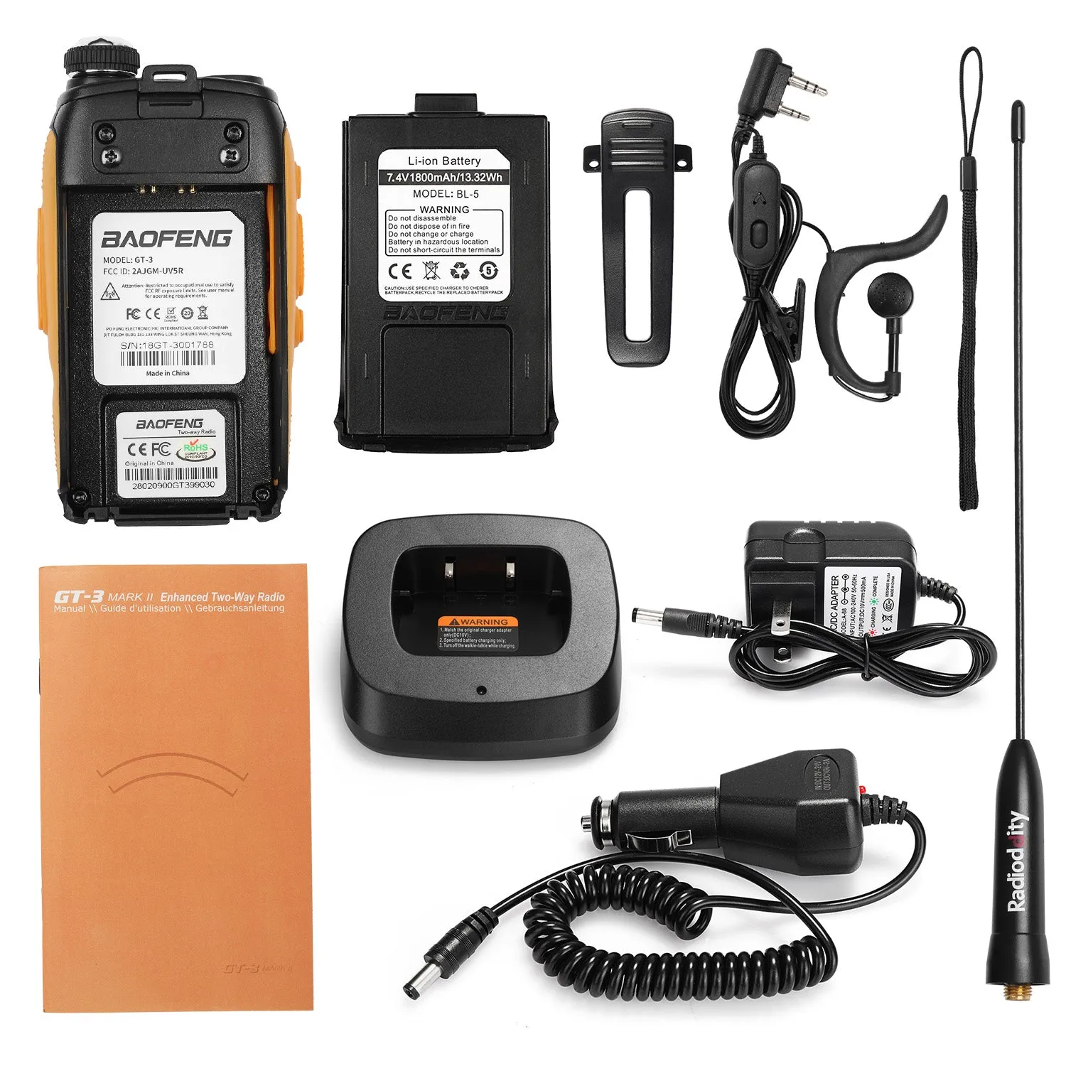 Baofeng GT-3 Mark II | Dual Band | 5W | Better Antenna | VOX | Flashlight | with Cable