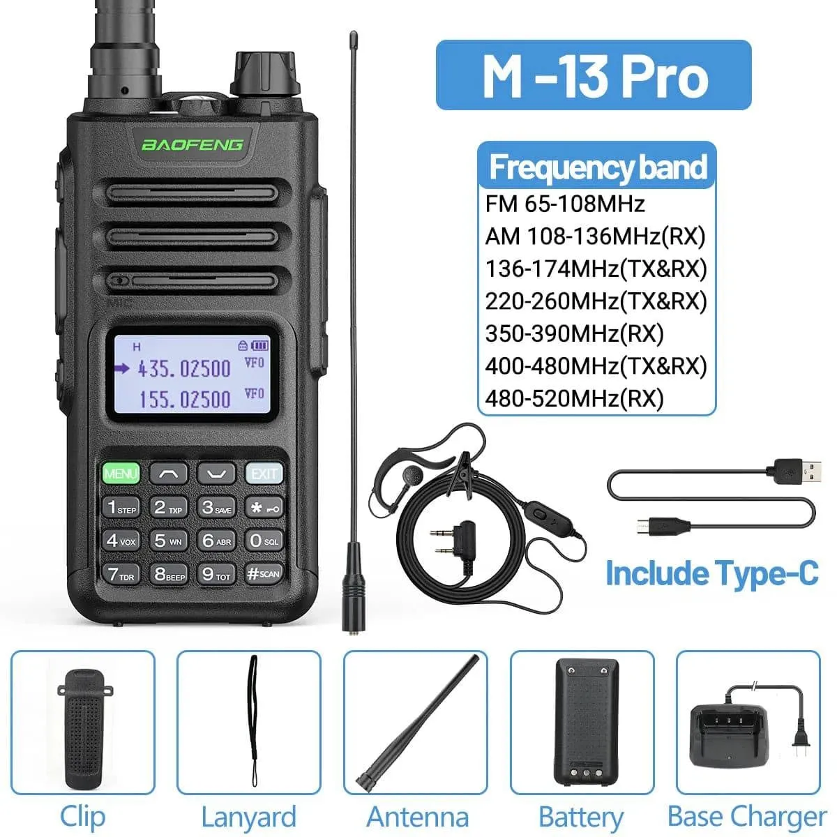 BaoFeng M-13 Pro Air Band Walkie Talkie 10w Wireless Copy Frequency 999CH Type-C Long Range UV 5R 13 Pro K5 Ham Two Way Radio