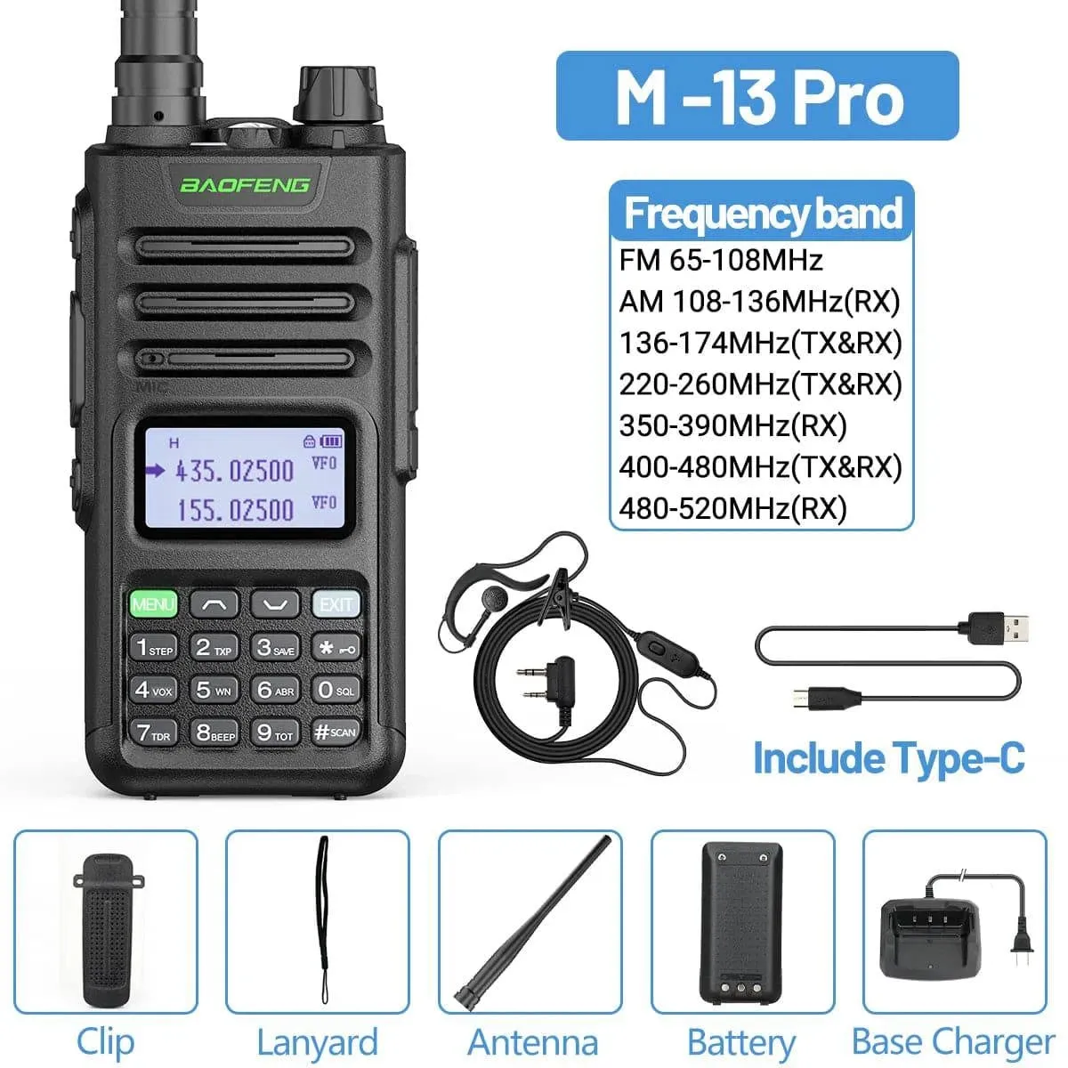 BaoFeng M-13 Pro Air Band Walkie Talkie 10w Wireless Copy Frequency 999CH Type-C Long Range UV 5R 13 Pro K5 Ham Two Way Radio