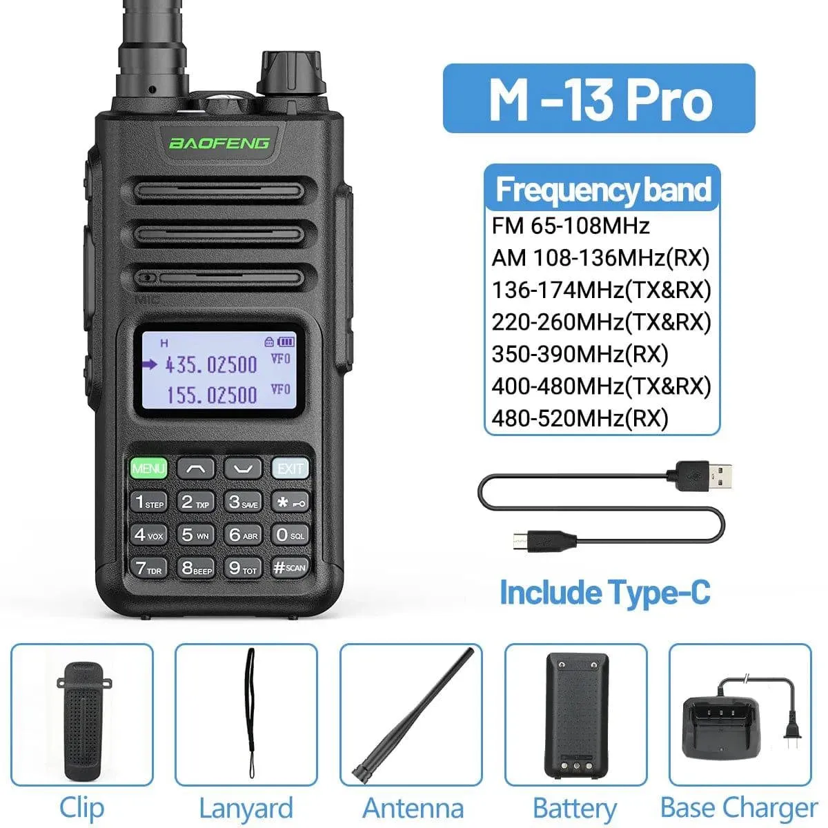 BaoFeng M-13 Pro Air Band Walkie Talkie 10w Wireless Copy Frequency 999CH Type-C Long Range UV 5R 13 Pro K5 Ham Two Way Radio