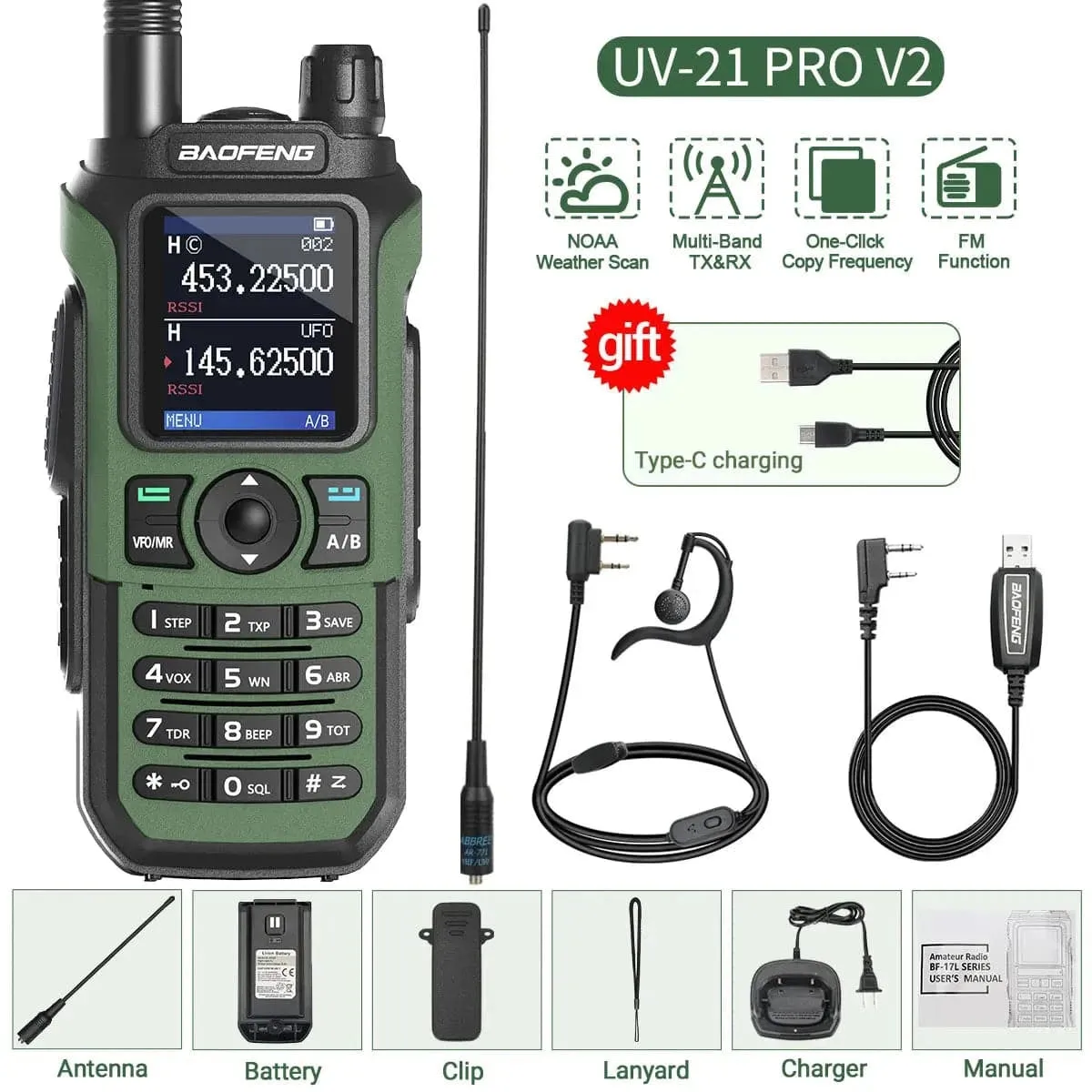 Baofeng UV-21 Pro V2 Wireless Copy Frequency Walkie Talkie Tri Band Waterproof 16 KM Long Range Type-C Charger UV 5R Ham Radio