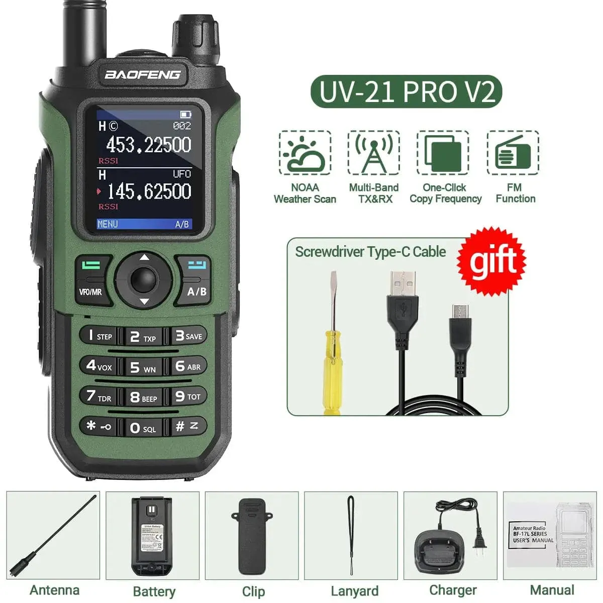 Baofeng UV-21 Pro V2 Wireless Copy Frequency Walkie Talkie Tri Band Waterproof 16 KM Long Range Type-C Charger UV 5R Ham Radio