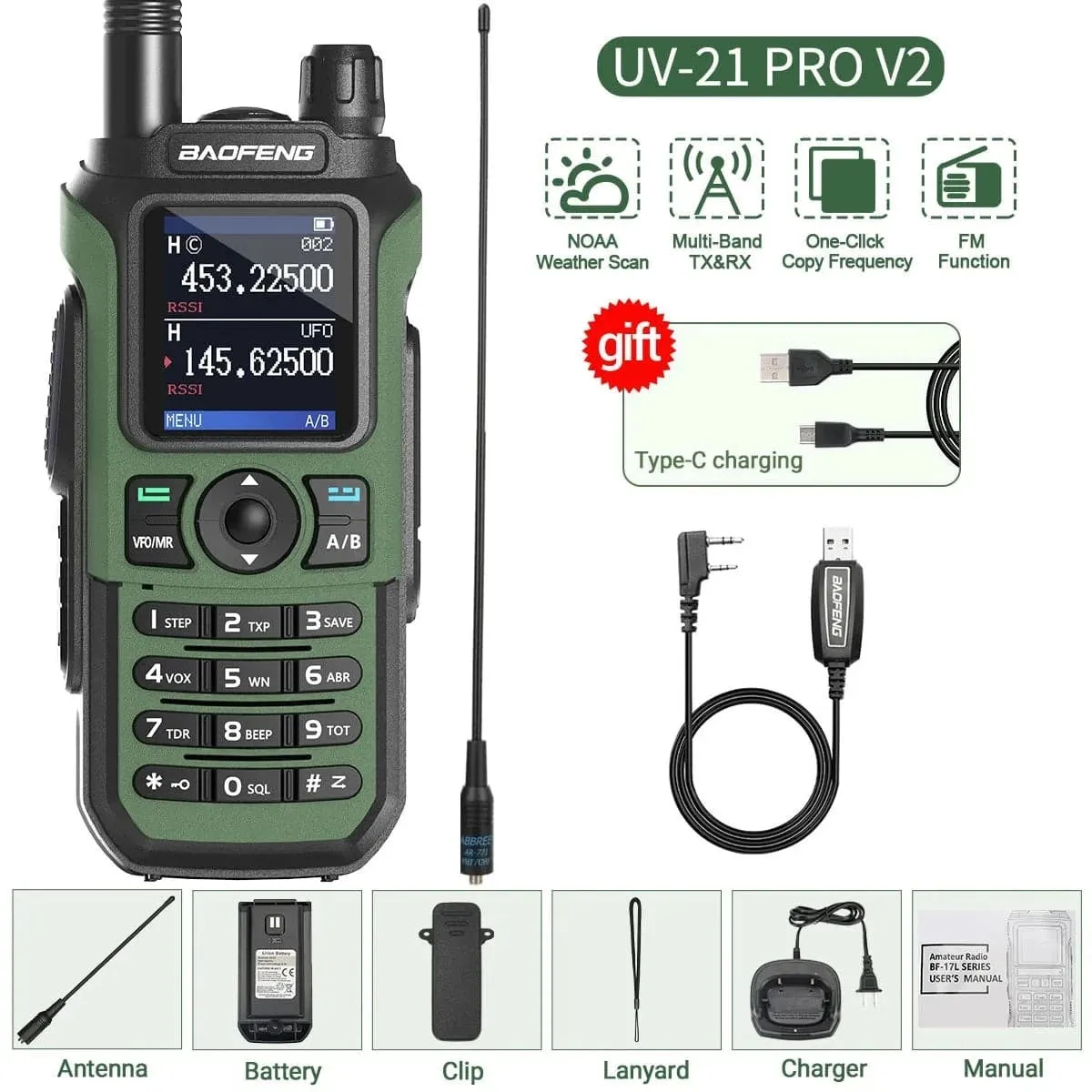 Baofeng UV-21 Pro V2 Wireless Copy Frequency Walkie Talkie Tri Band Waterproof 16 KM Long Range Type-C Charger UV 5R Ham Radio