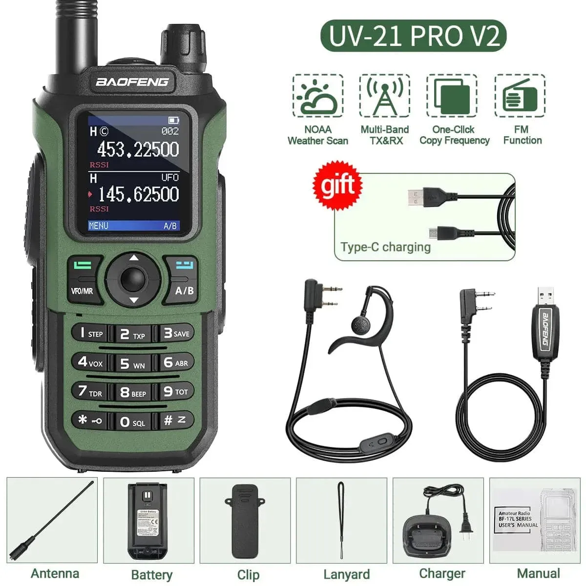 Baofeng UV-21 Pro V2 Wireless Copy Frequency Walkie Talkie Tri Band Waterproof 16 KM Long Range Type-C Charger UV 5R Ham Radio