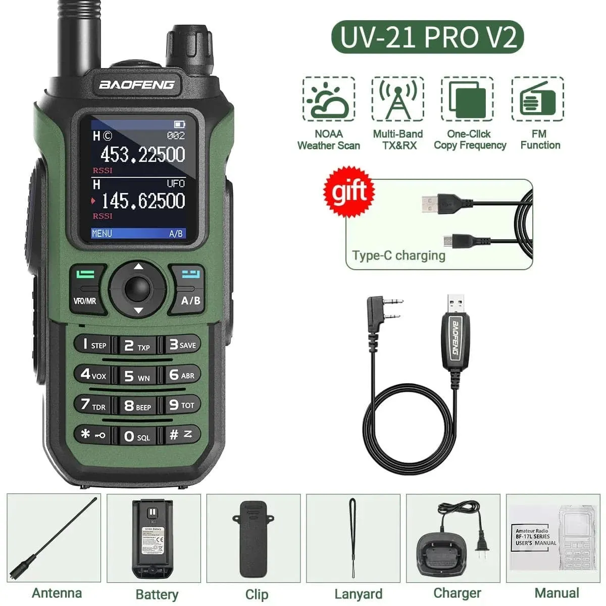 Baofeng UV-21 Pro V2 Wireless Copy Frequency Walkie Talkie Tri Band Waterproof 16 KM Long Range Type-C Charger UV 5R Ham Radio