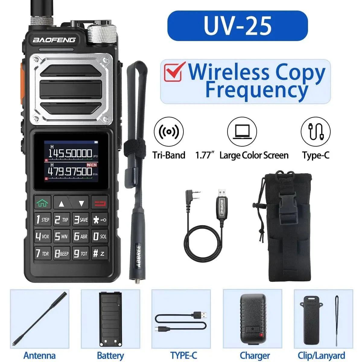 Baofeng UV-25 10W Walkie Talkie Tri Band Wireless Copy Frequency NOAA Type-C Charger FM Long Range High Power Ham Two Way Radio