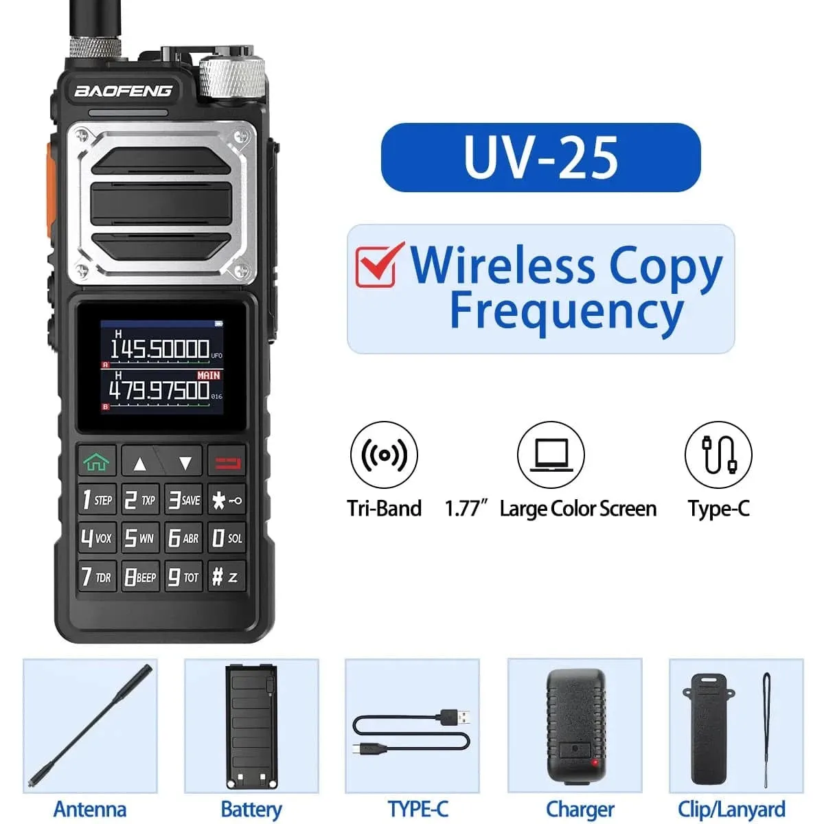 Baofeng UV-25 10W Walkie Talkie Tri Band Wireless Copy Frequency NOAA Type-C Charger FM Long Range High Power Ham Two Way Radio