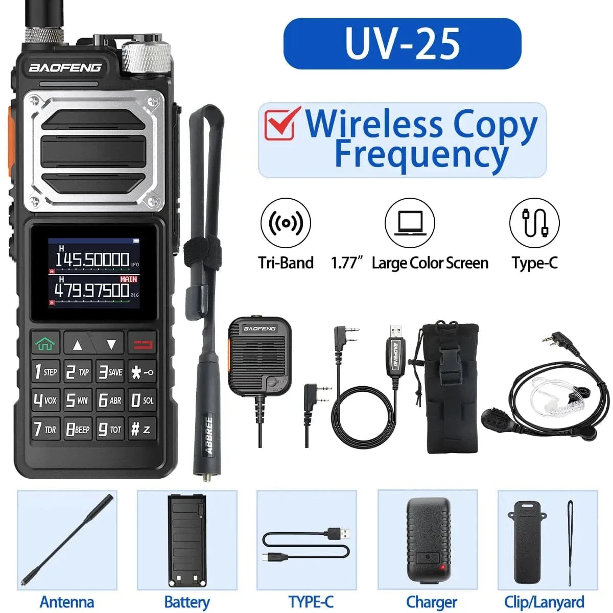 Baofeng UV-25 10W Walkie Talkie Tri Band Wireless Copy Frequency NOAA Type-C Charger FM Long Range High Power Ham Two Way Radio