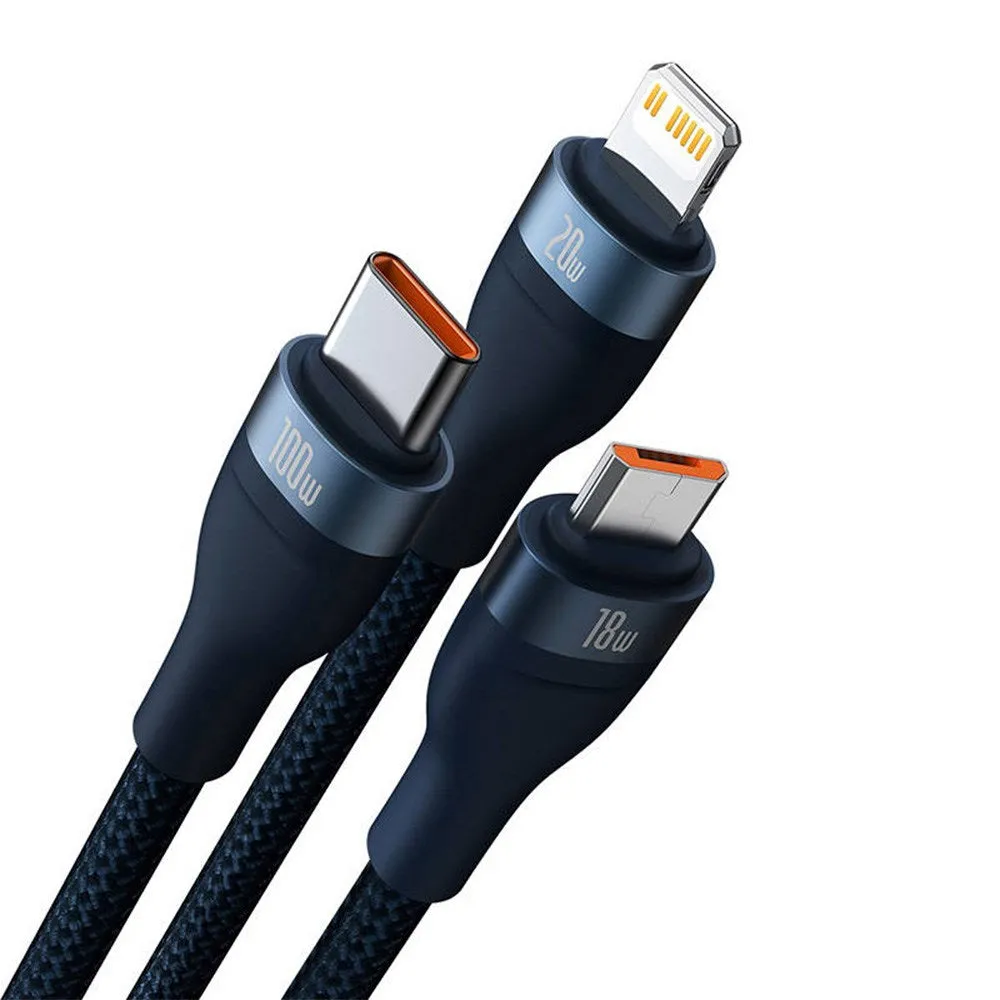 Baseus Flash Series 2 - 3-i-1 100W USB Multi Kabel m. USB-C, Lightning & Micro-USB - 1.2m - Blå