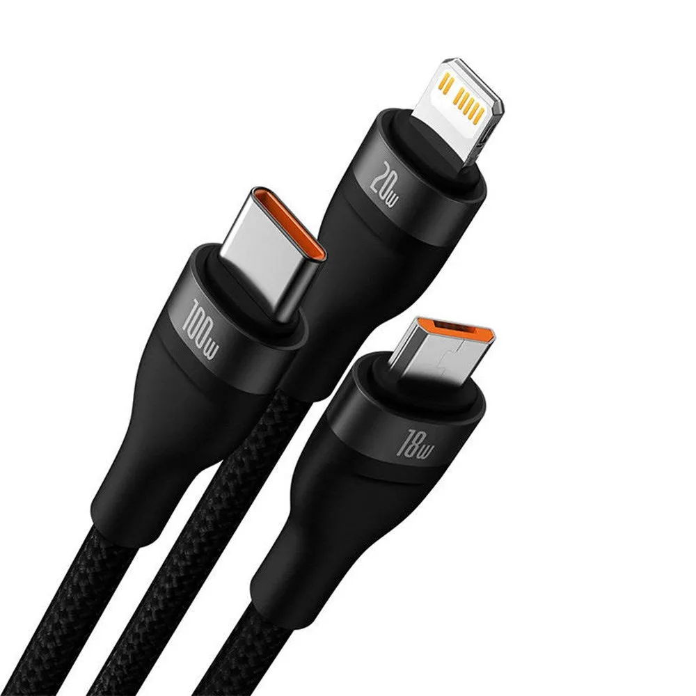 Baseus Flash Series 2 - 3-i-1 100W USB Multi Kabel m. USB-C, Lightning & Micro-USB - 1.2m - Sort