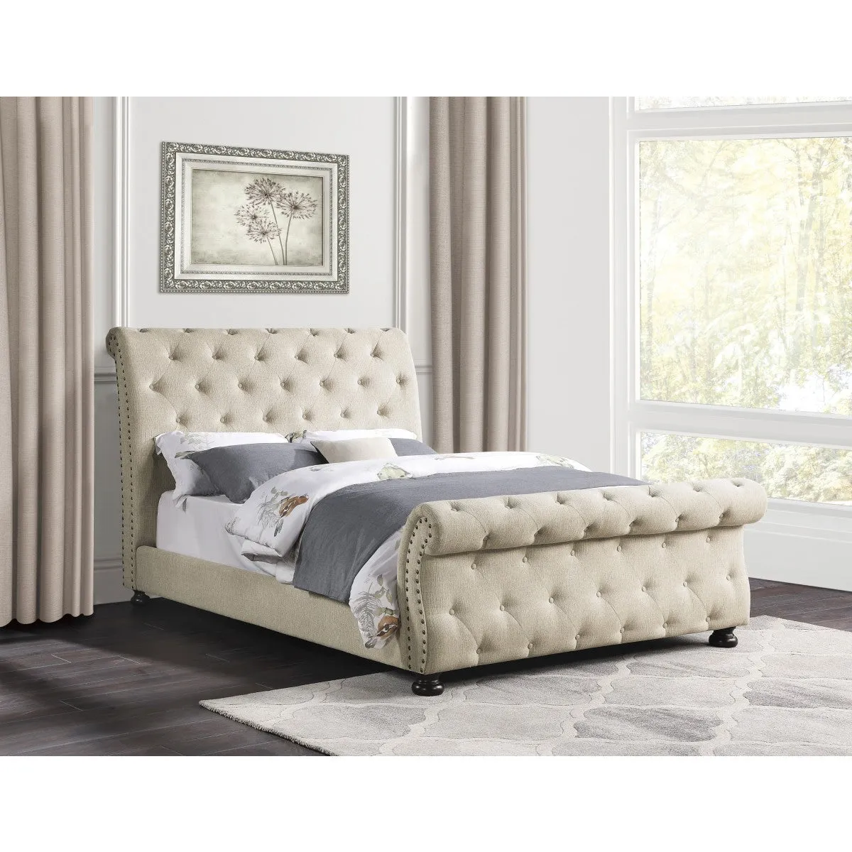 Beige Chenille Tufted Queen Sleigh Bed with Nailhead Trim