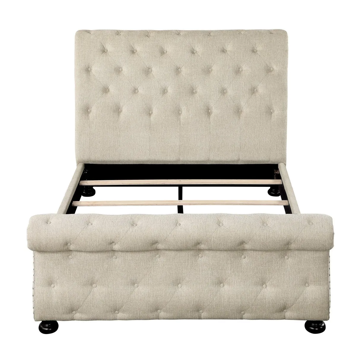 Beige Chenille Tufted Queen Sleigh Bed with Nailhead Trim