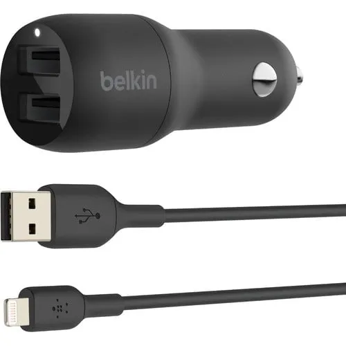 Belkin BoostCharge Dual USB-A Car Charger 24W, Lightning to USB-A Cable