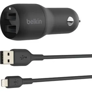 Belkin BoostCharge Dual USB-A Car Charger 24W, Lightning to USB-A Cable