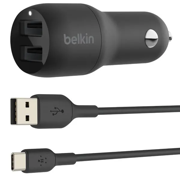 BELKIN BoostCharge Dual USB-A Car Charger 24W   USB-A to USB-C Cable