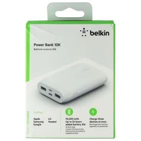 Belkin Portable Power Bank Charger 10K with USB-C and Dual USB Ports - White