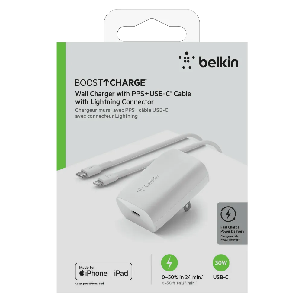 Belkin USB C PPS Wall Charger 30W with Type C to Lighting Cable 1m by Belkin