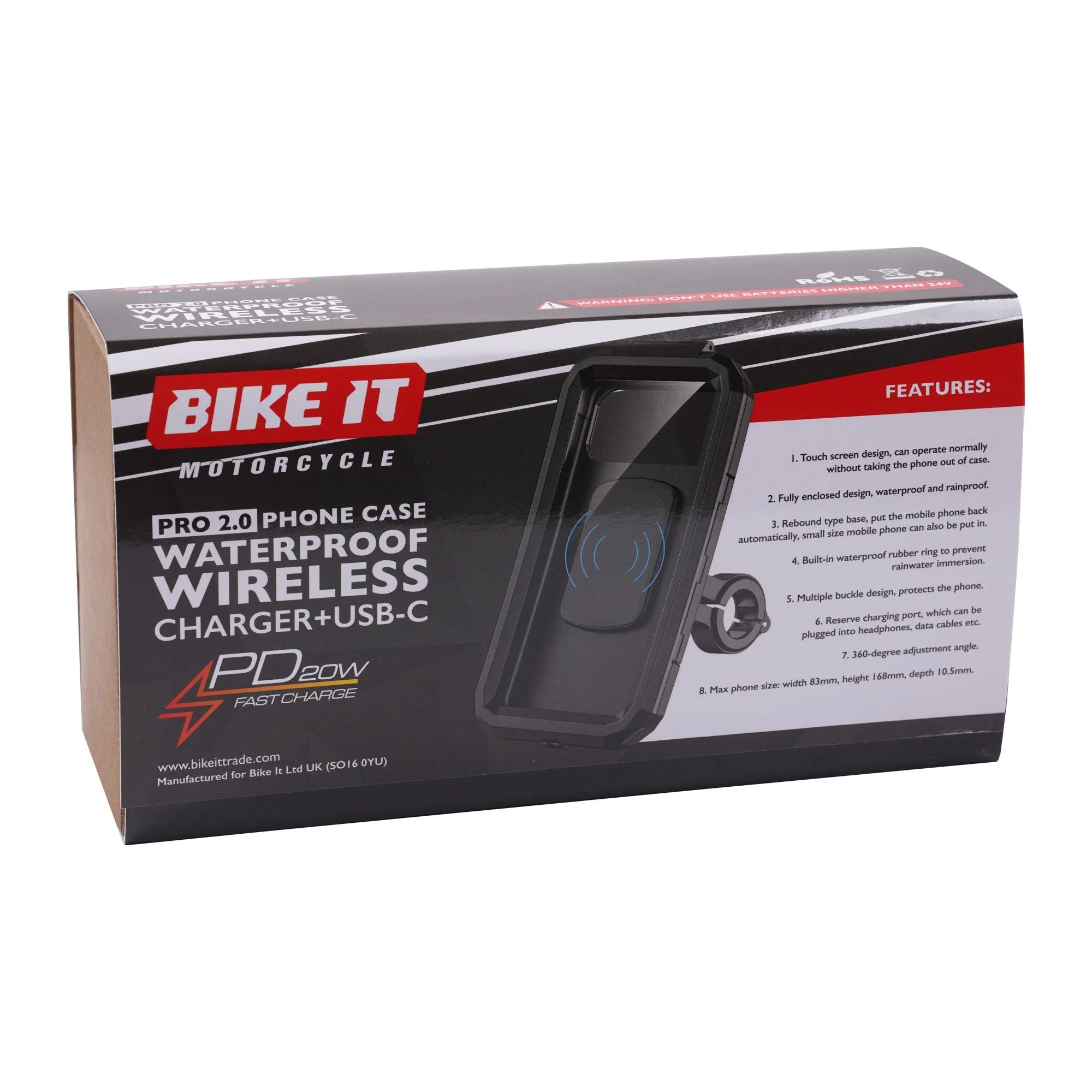 Bikeit Pro 2.0 Waterproof Universal Motorcycle Case & Mount Wireless Charger