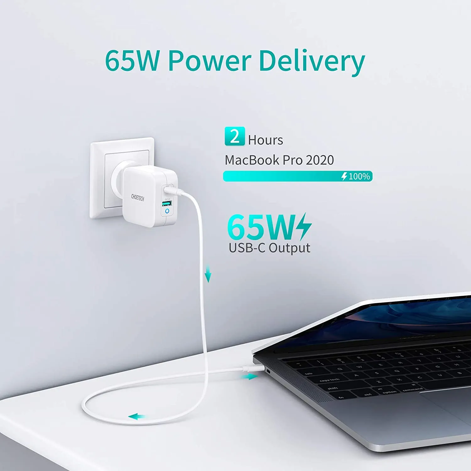 CHOETECH USB-C PD 65W Charger GaN Tech Dual Port Type C Wall Fast Power Adapter